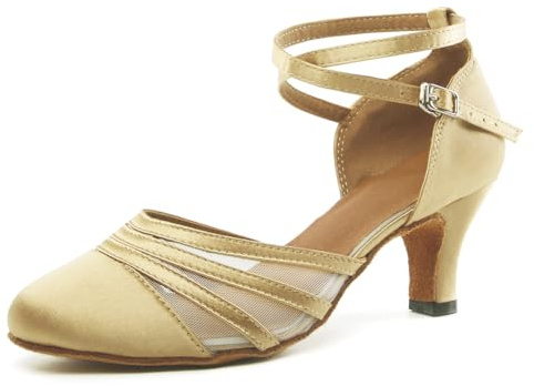 YKXLM Chaussures de Danse Latine pour Femmes Chaussures de Danse Tango Valse Sociale Salsa en Mesh Satinee,6CM,Or Clair,40 EU