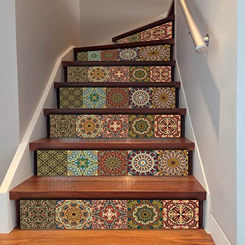 Beruyu 6 Stück Selbstklebende Treppe Aufkleber, Wasserdichte Treppenstufen-Aufkleber, Vinyl Fliesenaufkleber für Stufen Heimdekoration und Möbelrenovierung, 100 x 18 cm (Retro-Farbe)