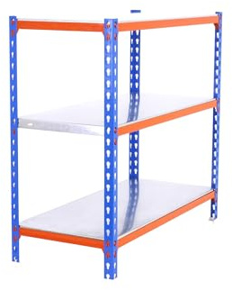 Simon Rack Metallregal 1000x900x300 mm - Simonclick | 3 Höhen, Metallablage, Biegepunkt 180 kg, Korrosionsschutzlackierung, Klicksystem-Montage, Blau/Orange/Verzinkt