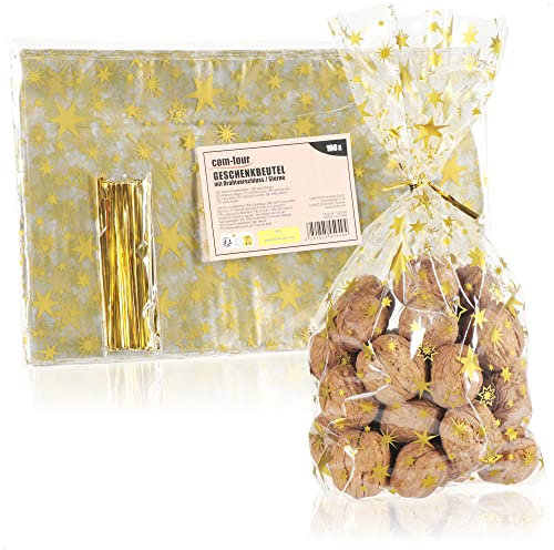 com-four® 100x Klarsicht Beutel - durchsichtige Cellophantüten mit Sternen - Lebensmittelbeutel - Bodenbeutel klar - Klarsichttüte mit Bindestreifen - Tüten für Kekse und Pralinen