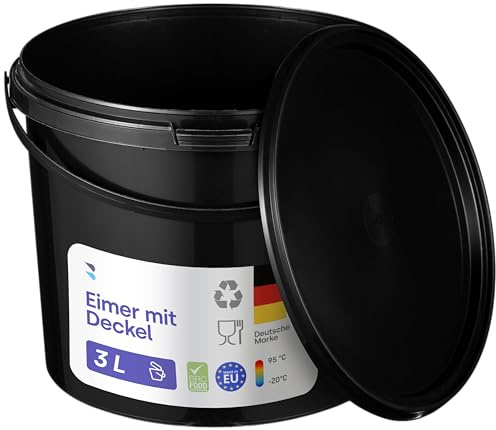 BenBow Eimer mit Deckel 3l schwarz 100x 3 Liter - lebensmittelecht, stabil, luftdicht, auslaufsicher, geruchsneutral - Aufbewahrungsbehälter aus Kunststoff, mit Henkel - leer