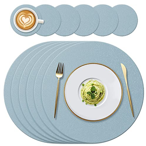 YUNJUER Round Silicone Place Mats(34cm) and Coasters(10cm) Set, Heat-Resistant 450 °F Table mats, Non-Slip Placemats for Hotel, Restaurant, Kitchen Glass Dining Table, 12 Pieces, (Light Blue)