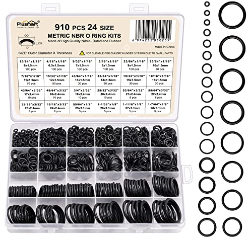 O Ring Kit, 910 Pcs Rubber O-Ring Assortment Kit, Plusmart 24 Sizes Washer Gasket Set for Pressure Washer, Plumbing Sealing Repair, Air or Gas Connections, Resist Oil and Heat