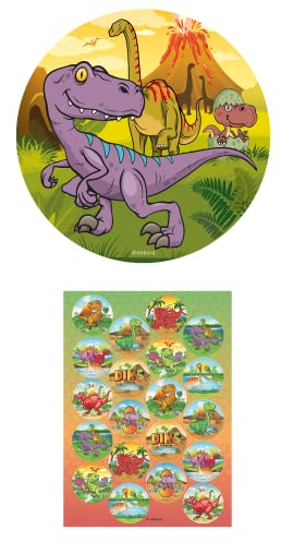 Dekozauber24 Essbarer Tortenaufleger Dinosaurier 20cm + 20x Muffinaufleger je 3,4cm, vegetarisch, zuckerfrei, essbares Tortendeko Set für den Kindergeburtstag mit Dino Motto, Muffin Deko essbar