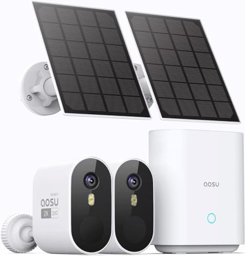 AOSU 2K Solar Security Cameras Wireless Outdoor, 2 Cameras Kit 166° Ultra-Wide View, Home Security System, Spotlight Camera, 32G Local Storage, Color Night Vision, No Monthly Fee, 5G & 2.4G WiFi