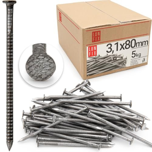 Lun Fix Rillennagel 3,1 x 80 mm - 5kg | Holznägel für Bauarbeiten | Unverzinkter Baunägel | 80 mm lang | Drahtstifte Nägel Flachkopf für Tischlerarbeiten, Dachkonstruktionen, Zimmerleute
