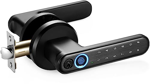 Fingerprint Door Lock, Matte Black Dock Knob with Keypads, Passcode, 0.2s Biometric Fingerprint, and Keys, Keyless Entry Door Lock with Handle for Home Hotel, Office, Apartment, Bedroom (NO APP)