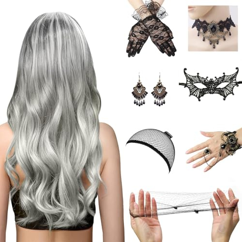 Perücke Frauen Kostüm Halloween,10tlg Perücke Frauen Kostüm Set,Silbergrau Mädchen Frauen Perücke mit Gothic Schmuck Spitze Maske Lace Handschuhe,Perücke Frauen Kostüm für Karneval Cosplay