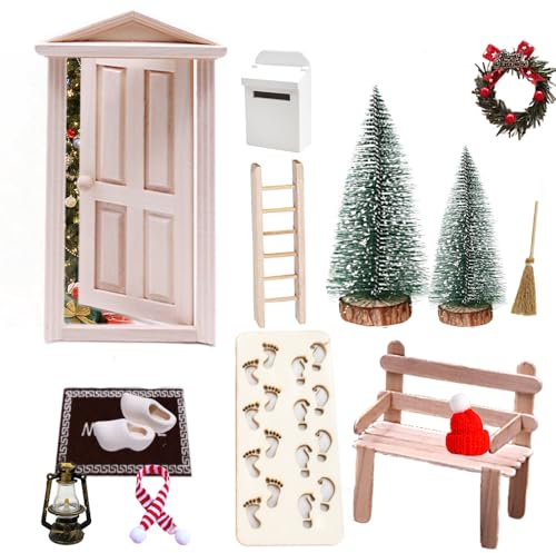 Killogood Wichteltür Set, Komplettset Wichteltür Zubehör Weihnachten, Miniatur Wichtel Zubehör für Kinder, Wichtelset mit Holz Wichtel Tür Briefkästen Kranz Weihnachtsbaum Zaun