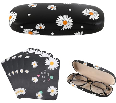 1 Pcs Glasses Case for Women, Hard Shell Black Fashion Eyeglasses Case with 5 Pcs Cleaning Cloths Travel Protective Glasses Cases, Portable Flower Spectacle Case Box for Men Girl Travel Study Work