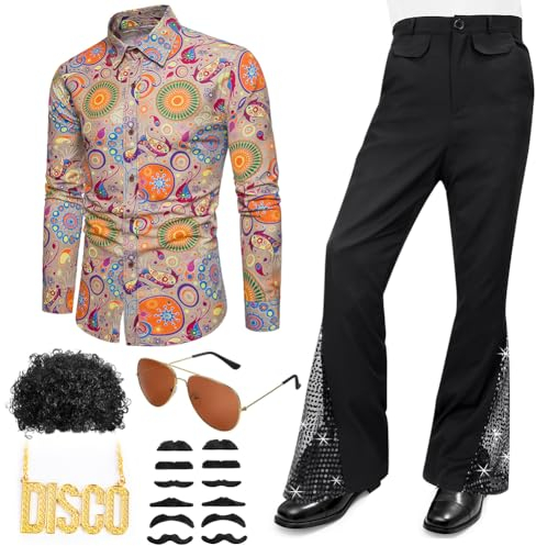 Occzin Herren 70er Retro Kostüm 17 Stück Disco Herren Kostüm Set, Herren Hippie 70er Jahre Hemd und Schlaghose mit Perücke Sonnenbrille Schnurrbart DISCO zeichen Kettenring Disco-Zubehör für Party(XL)