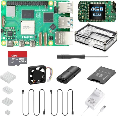 Vemico Raspberry Pi 5 4GB RAM Raspberry Pi 5 Starter Kit 32GB Karte Typ-C 5V 5A Netzkabel mit Schalter 2 Micro HD Out Kabel ABS-Schutzhülle 4 Aluminium Kühlkörper USB Kartenleser ABS Adapter Lüfter