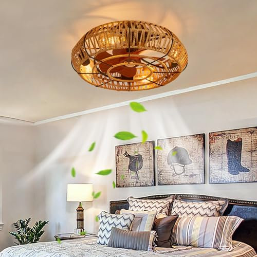 YFouCnd I Ceiling Fans with Lights and Remote Control Vintage Industrial Caged Fan Light Ceiling Reversible 6 Speeds Silent Handwoven Ceiling Fans with Lamps for Bedroom Living Room Farmhouse-A