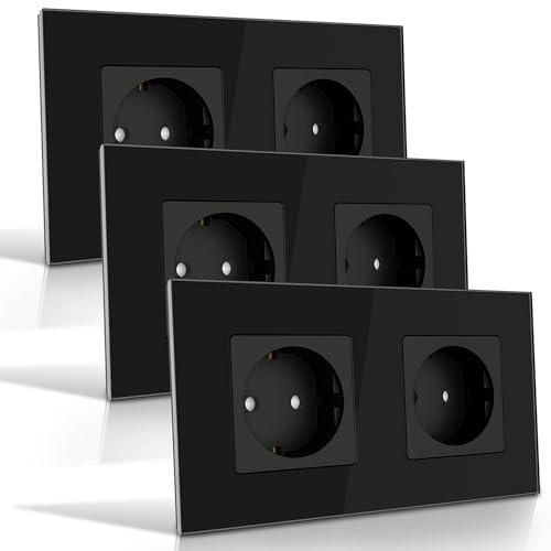 PULSAR Steckdose 2 Fach 3er Pack Wandsteckdose Schwarz Glas 2Fach - Unterputzsteckdose 16A mit Glasrahmen Abdeckung und Kindersicherung - Doppelsteckdose Flach Steckdosen Set Komplett