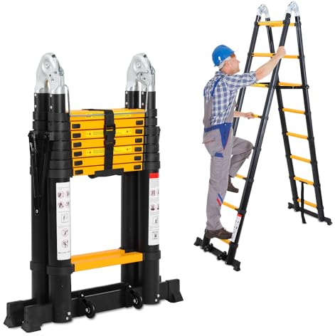Jiubiaz Teleskopleiter 5M (2.5M+2.5M), Leiter Aluminium Ausziehbare mit Abnehmbarem Rollen und Stabilisatoren, Tragbar A-Rahmen Mehrzweckleiter, Max Belastung 150 kg(Schwarz)