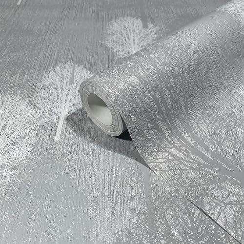 marburg Tapete Silber Grau Illustration Wald Baum Modern Natur für Wohnzimmer Schlafzimmer MADE IN GERMANY 10,05 x 0,53m