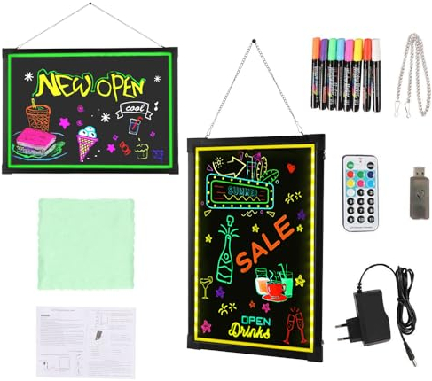 LED Schreibtafel, 60x80cm LED Reklame Tafel mit USB-Steuerung und 8 Fluoreszierende Stifte, für Geschäften Café Bar DIY-Design Plakate