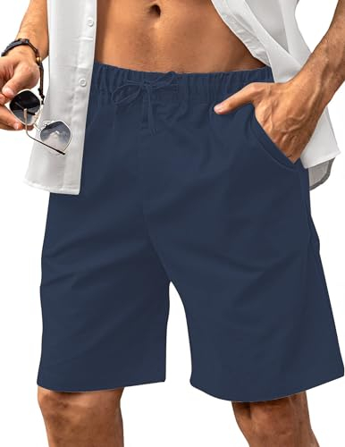 HMIYA Kurze Hosen Herren Leinen Shorts Leichte Bermuda Sommershorts Atmungsaktiv Leinenhose Kurz mit Taschen(Pfauenblau,EU-L)