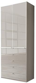 WIEMANN Drehtürenschrank mit 5 Schubkästen hochwertiger Kleiderschrank Schlafzimmerschrank 100cm breit, mit Schubladen, Glas Kieselgrau, Höhe 236cm, Shanghai