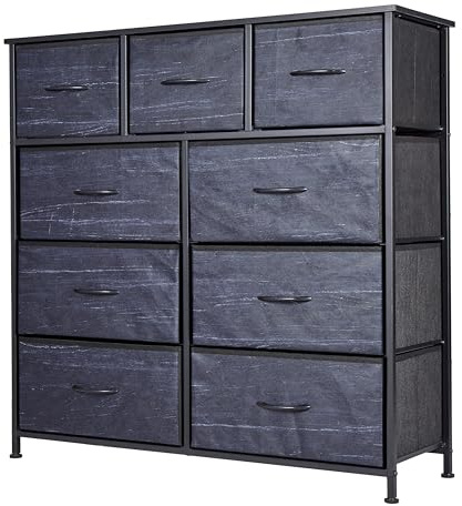 Fabric Chest of Drawer, Tall Dresser Storage Drawer with 9 Drawers Bins for Closet - Steel Frame, Wood Top Organizer for Bedroom, Kids room, Living room, Closet (Charcoal Black Wood Grain Print)