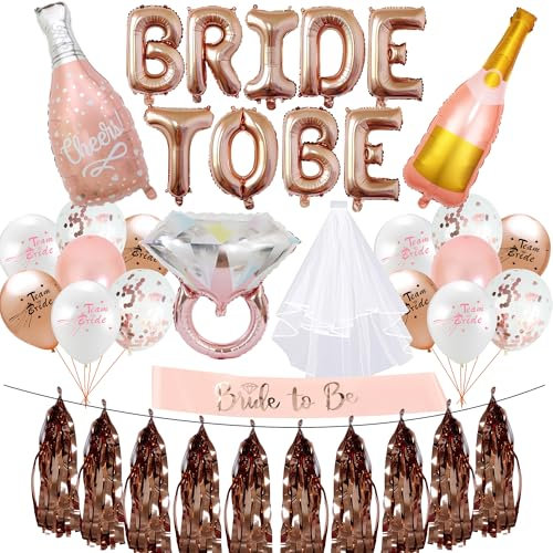 Bride to Be Decorations Set - 25Pcs Rose Gold Hen do Party Decoration Including BRIDE TO BE Letter Balloons Champagne Bottle Foil Balloon Bride to Be Veil for Bridal Shower Supplies