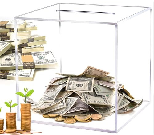Clear Acrylic Money Box,Acrylic Square Piggy Bank for Adults, 12 x 12 x 12cm Unopenable Saving Money Piggy Bank,Must Break to Open Savings Jar for Storing Cash or Coin