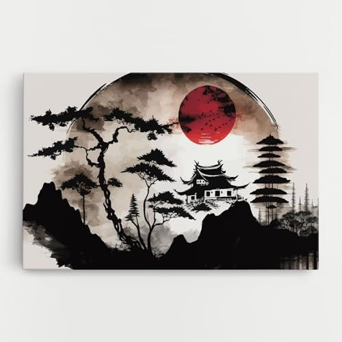 ARTHUB® Leinwandbild 40x60 cm, Red Asiatic Moon | Wohnzimmerdekoration, Hängende Bilder, Wanddekoration, Heimdekoration, Moderne, Asiatisch
