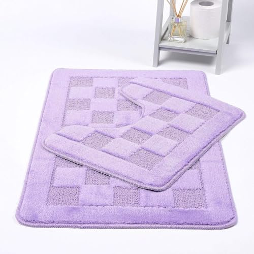RAYMSTER Bath Mat Set 2 Piece Non Slip Pedestal and Bath Mat Set Toilet Bathroom Rug Designs (Lilac, Bath Mat (50cm x 80cm) Pedestal Mat (50cm x 40cm), Squares)