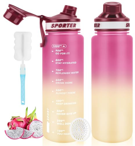 MOMSIV Gourde de sport, 1 l, sans BPA, anti-fuite, avec marqueur de temps et brosse, pour fitness, école, vélo, camping, yoga (rose)