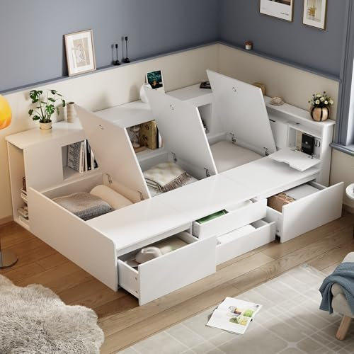 Gegtuon Kinderbett Einzelbett Bett 90x200 mit Stauraum Schubladen und Regal, Bett Holzbett Stauraumbett mit Stauschrank für Kinder, Flachbett Jugendbett Bettgestell Funktionsbett, ohne Matratze, Weiß