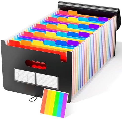 KOOSREEL Document Folder A4, 25 Compartments Expanding Folder Sorting Folder Colourful File Organiser Accordion Design with Lid for Storing Papers Management Papers