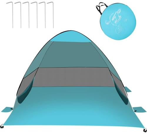 Tente Parasol de Plage, Pop Up Tente de Plage, 3-4 Personnes, Abri de Plage Anti UV avec Une Porte et Trois Fenêtres Grillagées, Parasol Plage Faciles à Utiliser avec Sac de Rangement (Vert)