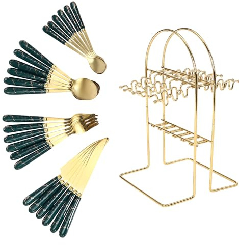 24pcs Mixed Cutlery Set Stainless Steel Ceramic Handle Tableware Dinnerware Set with Storage Stand-Knives/Spoons/Forks/Teaspoons for Family, Restaurants, Restaurants, Parties (Green+Gold)