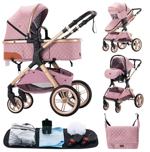 ALYIKOU Poussette 3 en 1, système de voyage, poussette bébé, poussette pliable, Poignée réglable (Rose XX1)