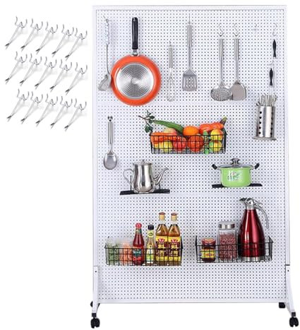 Espositore mobile in metallo con ruote, grande organizer per attrezzi, cucina e garage, 100 x 60 cm, colore bianco, kit versatile per pannelli forati