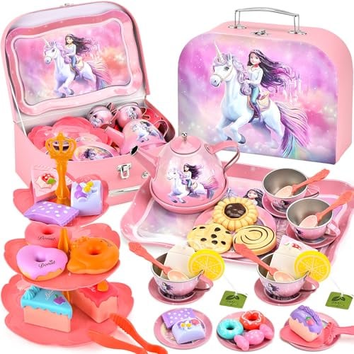 SACBRZZ 48 PCS Teeservice Kinder, Kinder Teeservice Tee Sets mit Dessert Spielzeug, Teeparty SpielküChe Rollenspiele Puppengeschirr, KinderKüChe ZubehöR füR Kleine Geschenk MäDchen Jungen