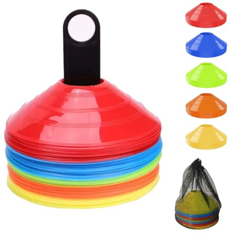 Cyancld 50 Stück Markierungshütchen mit Ständer und Netztasche Sport Hütchen Fußball Koordination Training Agilität Fussball Hütchen Set für Fussball, Hockey, Eislaufen, Handball (5 Farben)