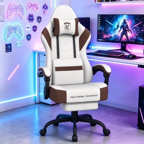 Verdego Sedia Gaming Ergonomica, Sedia da Gaming con Cuscino Lombare Massaggio, Poggiapiedi, Poltrona da Gaming, Poliestere, Schienale Regolabile a 90-135°, Regolabile in Altezza, Beige marrone