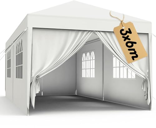 QEENTOE Pavillon 3x6m Gartenpavillon Winterfest Wasserdicht Partyzelt mit Seitenwänden & Reißverschluss UV Schutz Pavillon mit Tragetasche für Hochzeit Garten Innenhof Party - Weiß