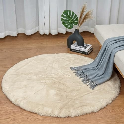Goolela Runder Teppich Beige 90 cm, Weicher Bettvorleger aus Kunstfell für Schlafzimmer