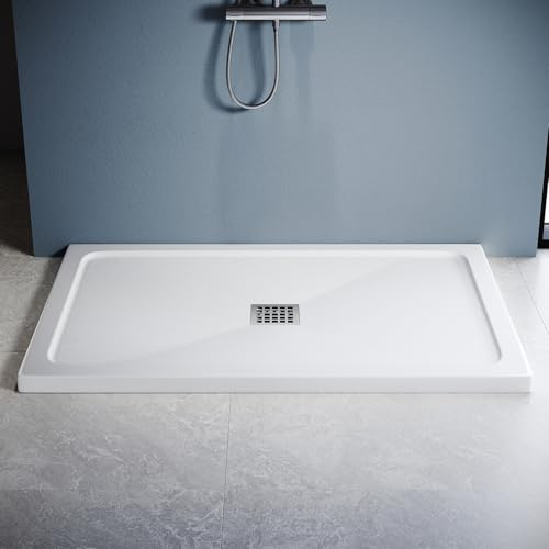 ZANOFIRA 1200 x 900mm SMC Shower Tray White Anti-Slip Stone-Effect Finish Slimline 40mm Lightweight Shower Base with 90mm Waste Trap & Stainless Steel Drain Cover for Enclosure & Wet Room