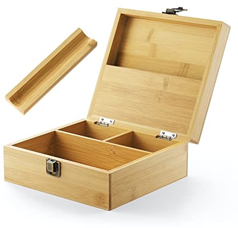 beka. Stash Box with Rolling Tray - Large Storage Bamboo Box to Organize all your Smoking Accessories - Premium Handmade Wooden Box with Hinged Lid - 7.5 x 7 x 3 Inches
