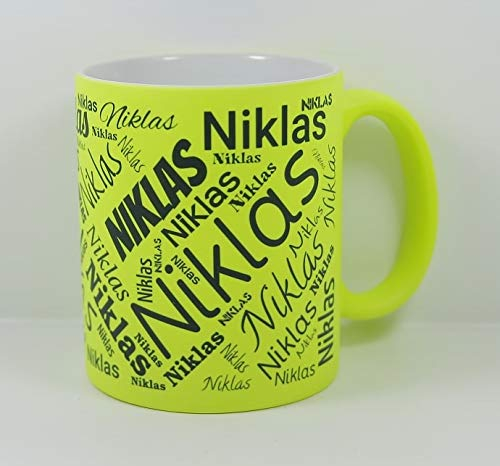 online-hut Namenstasse (Wunschname) Neon Gelb/Personalisierbar mit eigenem Text/Werbetasse/330 ml/Modern/Erwachsener