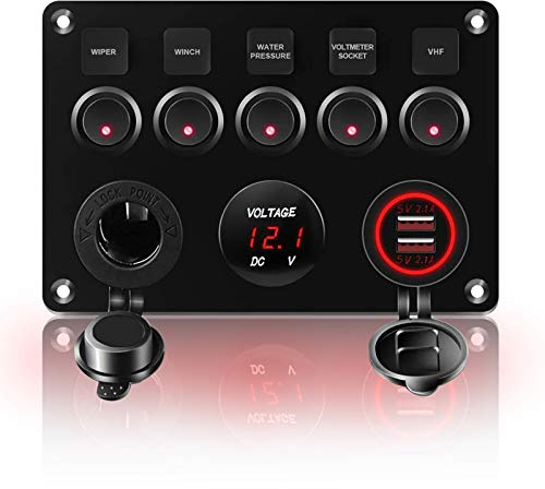 KAOLALI Schaltpanel 12V/24V Kippschalter 5 Gang IP65Wasserdicht + 4.2A Dual USB Ladegerät + Zigarettenanzünder-Buchse + LED Wippschalter für Boot Wohnmobil Auto Fahrzeuge LKW Yacht (Rot)