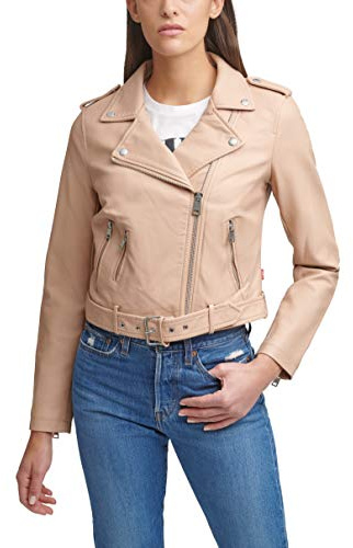 Levi's Chaqueta de motocicleta con cinturón de piel sintética para mujer (tallas estándar y grandes), Biscotti, XL