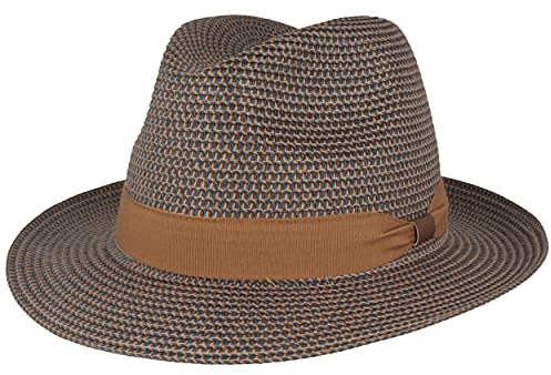 Breiter Strohhut Bogarthut Sommerhut Sonnenhut aus 100% Papier knautschbar mit Garnitur Besonders Leicht, Flexibel, Hautfreundlich Bequem blau-beige meliert, L