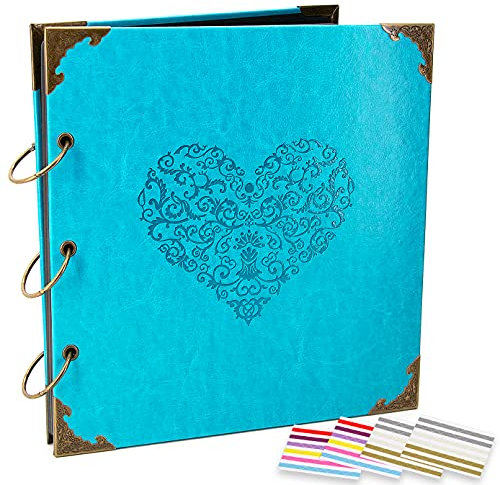 ADVcer Fotoalbum zum Selbermachen, 25,4 x 25,4 cm, 50 Seiten, Vintage-Ledereinband, Drei-Ringbuch, Bilderbox-Alben, 9 Farben, 408 selbstklebende Fotoecken für personalisierte Erinnerungen (Cyan)
