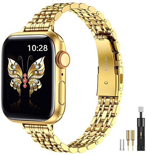 MioHHR Slim Band kompatibel mit Apple Watch Armband 38mm 40mm 41mm 42mm(Series 10),dünnes Edelstahl-Metallkettenband für Damen iWatch Bands Series 9 8 7 6 5 4 3 2 1 SE,Gold