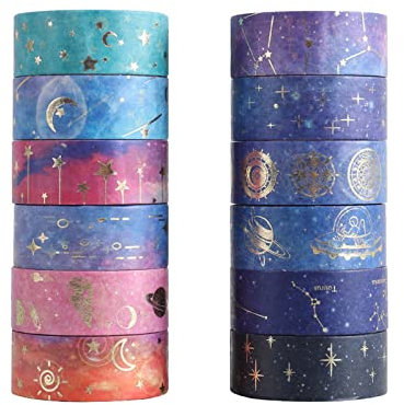 12 Rolls Washi Tape Set, Galaxy Purple Washi Tape Decorative Masking Tape Pastel Scrapbook Tape Aesthetic Gold Foil Washi Tape Stickers for DIY, Bullet Journal, Arts Craft, Gift Wrapping Decoration