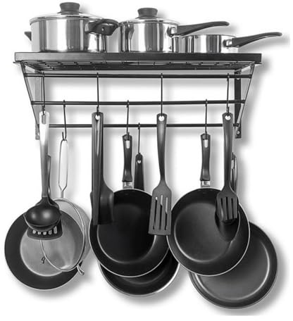Étagère de cuisine murale, support de poêle, étagère de cuisine, étagère murale en métal, étagère murale de casserole, étagère à épices, étagère de rangement, noir